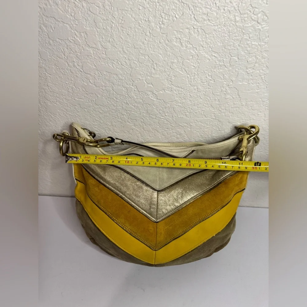Coach Y2K Chevron Patterned Suede Leather Yellow Gold Cream Hobo Shoulder Bag